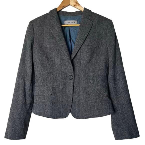 Jigsaw Blazer Size 12 Wool Blend Gray Plaid Houndstooth Ruffle Peplum Back - Picture 1 of 8